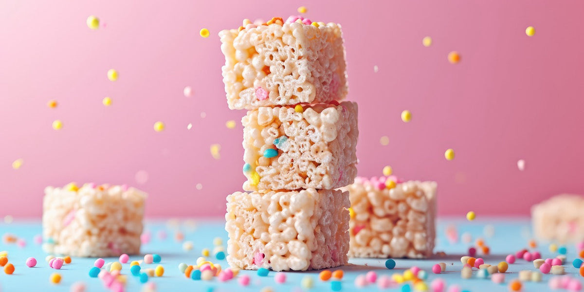 A pile of rice krispie treats with sprinkles around.